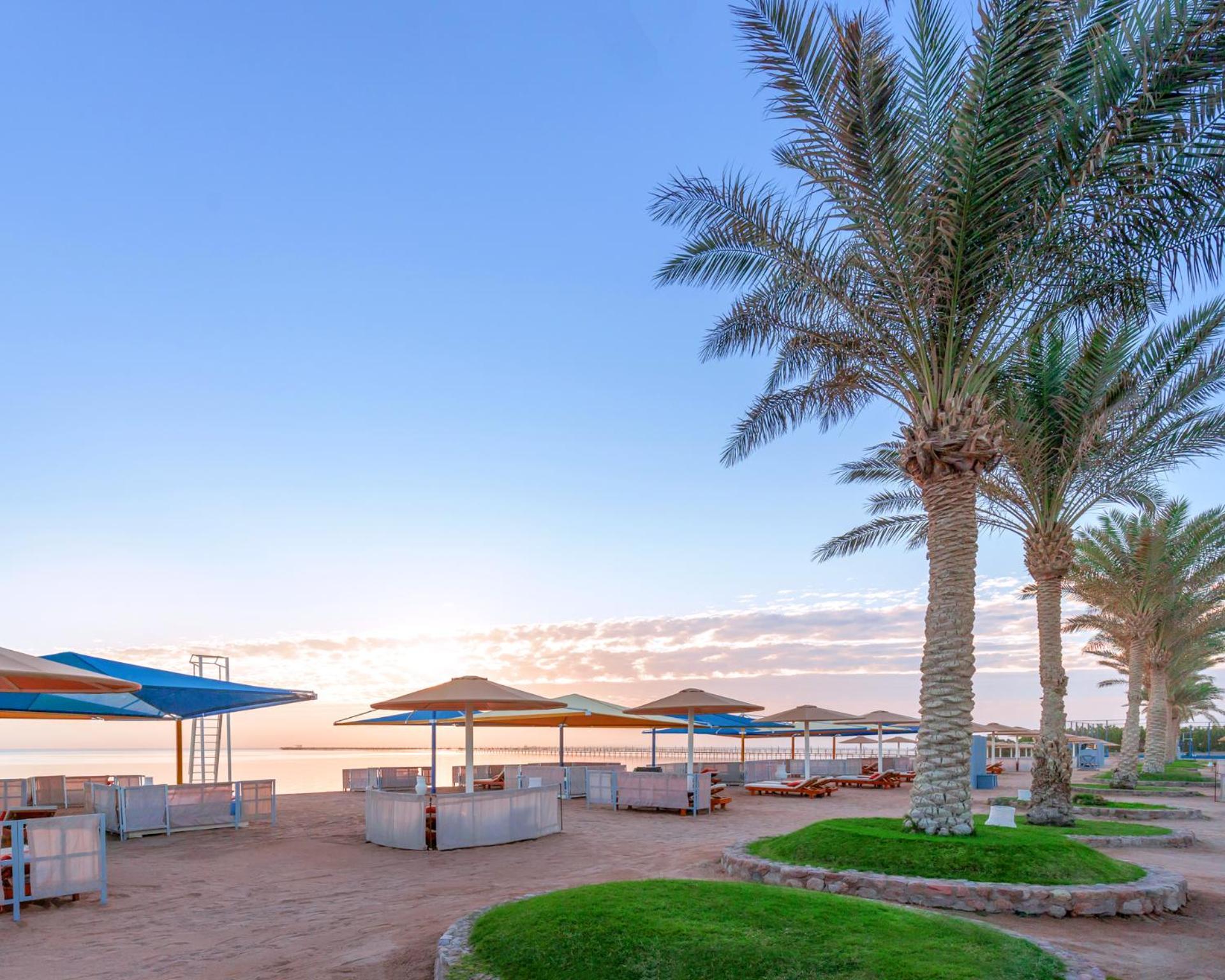 Hotel Pickalbatros Royal Moderna Sharm "Aqua Park" Esterno foto The photo shows a serene beach scene during sunset. There are several palm trees lining the beach, providing a tropical atmosphere. In the foreground, there are shaded lounge areas or cabanas with umbrellas, arranged neatly on sandy ground. The beach